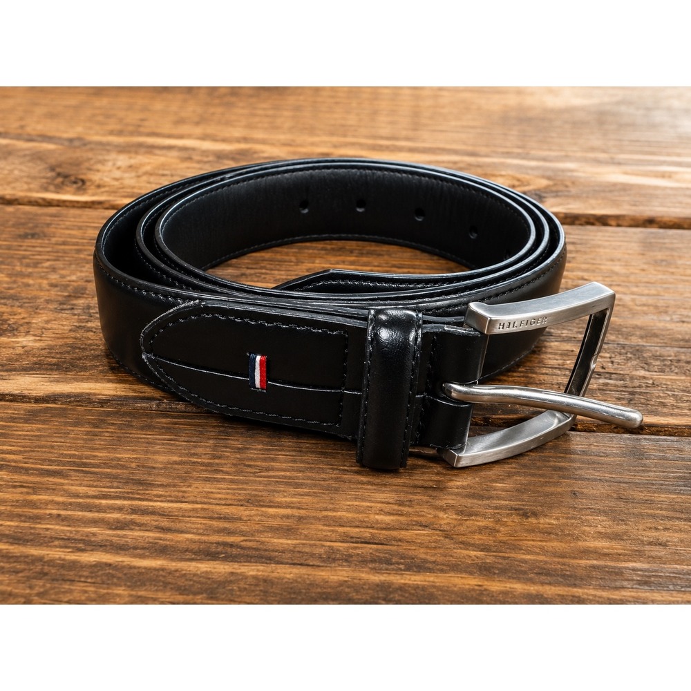 Tommy Hilfiger Men's Black Leather Belt Est Size 44 XL 50" Long Silver Buckle‎
